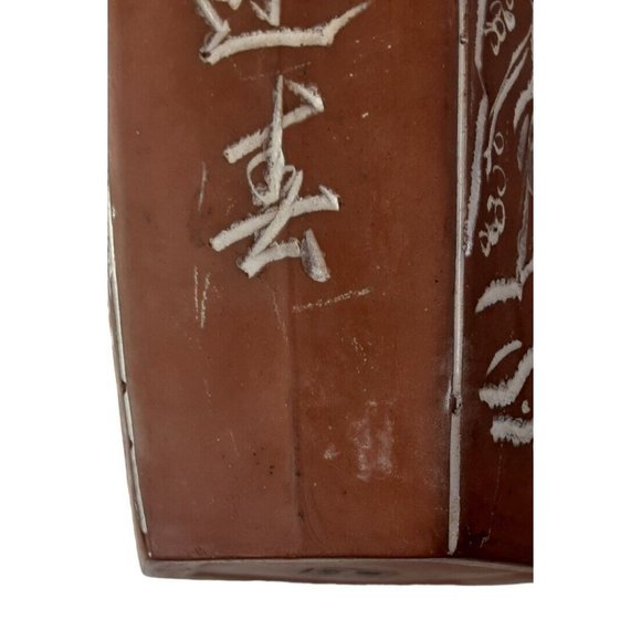 Vintage Handmade Chinese Vase Birds Floral Design Pottery Red Brown Hexagon 8.5" - Picture 10 of 10